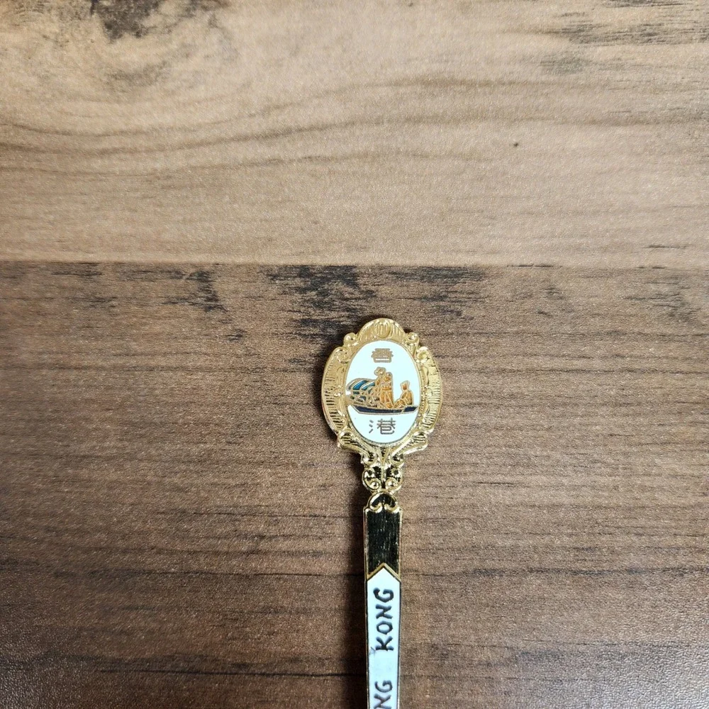 Vintage Hong Kong Souvenir Spoons Gold Tone Set of 2 Black White